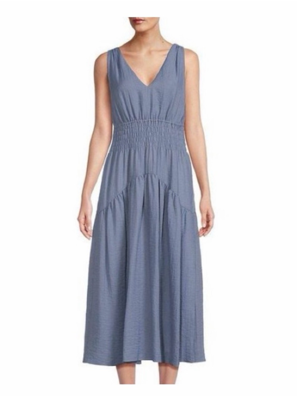 Vince Slate-Blue V-Neck Smocked Waist Maxi Dress